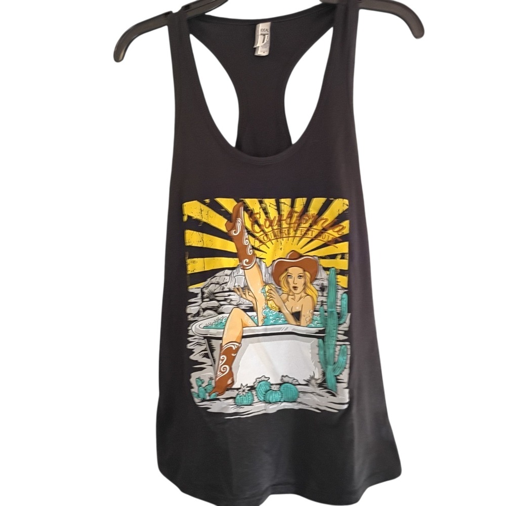 Black Ideal T By Next Level Sleeveless  Cowgirl In Bathtub Summer Top EUC Size M